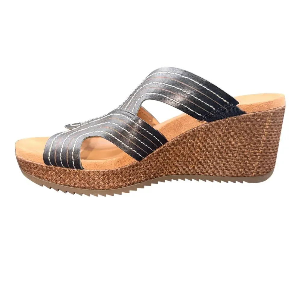 Vionic Women’s Wedge Slide Sandals Black Leather Size 8.5 M Orthotic Comfort